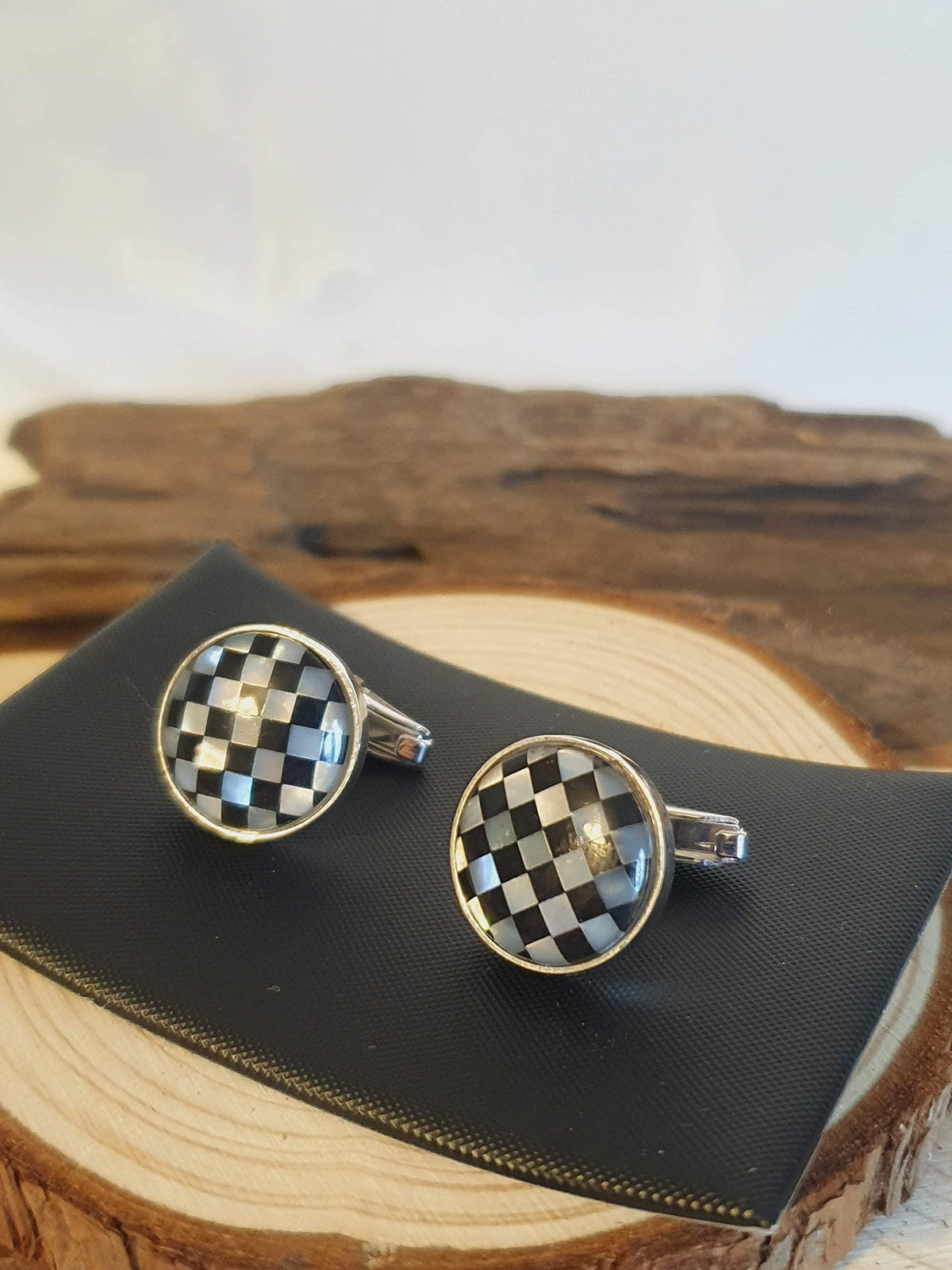 Onyx & Mother of Pearl Round Cufflinks - 925 Sterling Silver - Solid Silver
