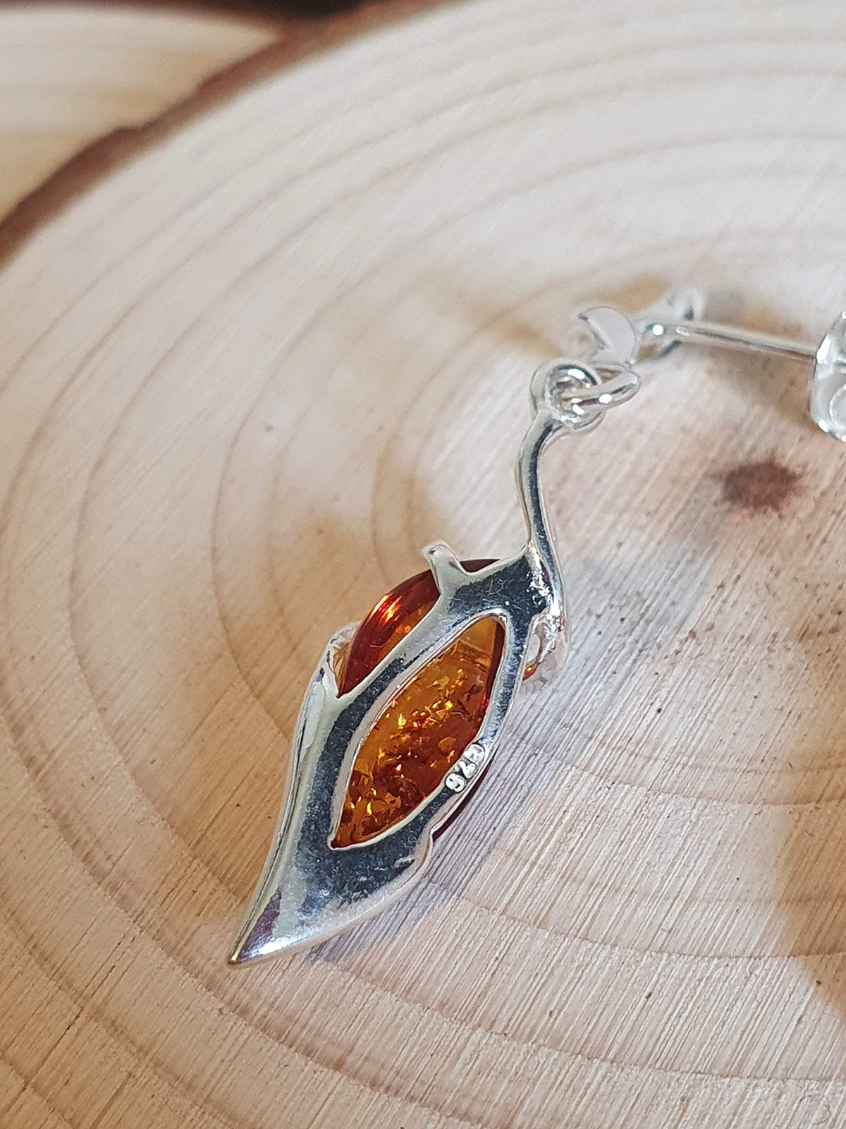 Sterling Silver Fancy Baltic Honey Dangly/Dangle Drop Amber Earrings for Women/Ladies/Girls - 925 Sterling Silver - Unusual Marquise-Shaped Cognac Amber Jewellery 070435
