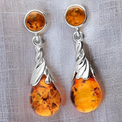 Fancy Twisted Swirl Baltic Honey Cognac Orange Amber Sterling Silver Dangly/Dangle Drop Earrings for Women Ladies Girls - Classic Amber Jewellery. 090015Cc