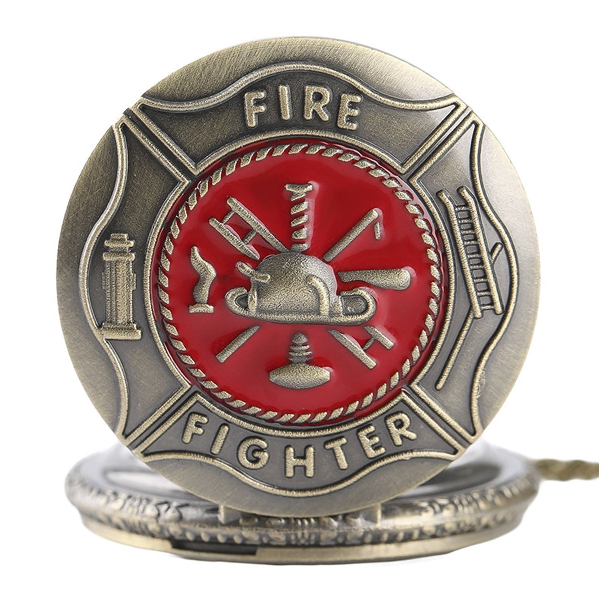 RED Fireman/Firefighter 3D Brushed Bronze Effect Antiqued/Vintage Case Men's Quartz Pocket Watch Necklace - On 32" Inch / 80cm Chain