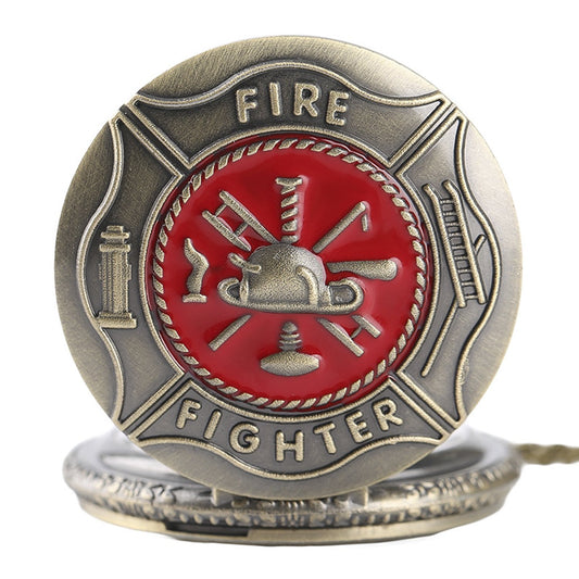 RED Fireman/Firefighter 3D Brushed Bronze Effect Antiqued/Vintage Case Men's Quartz Pocket Watch Necklace - On 32" Inch / 80cm Chain