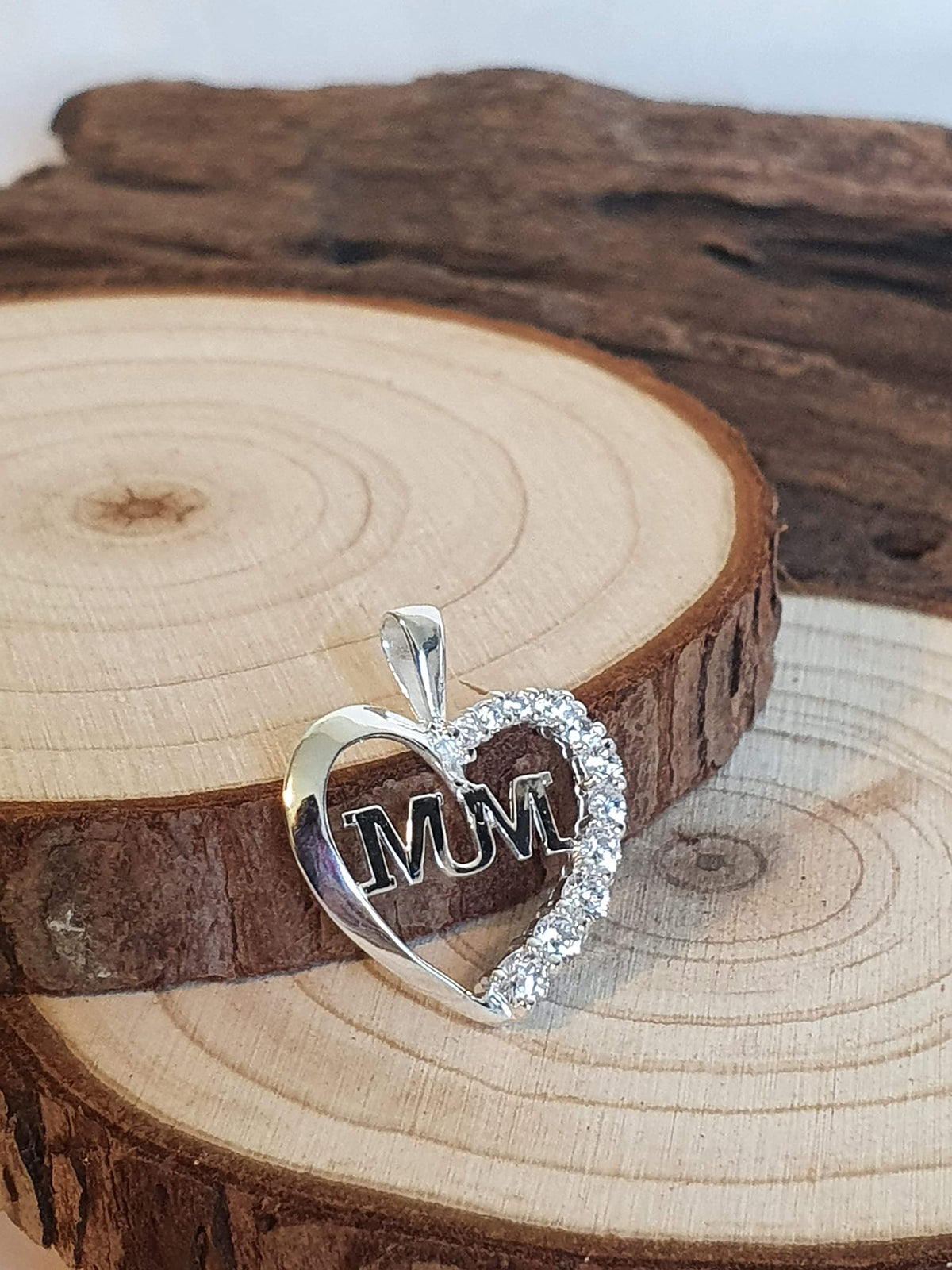 CZ "MUM" Heart Pendant with Cubic Zirconia for Necklace Chain - 925 Sterling Silver Mother 