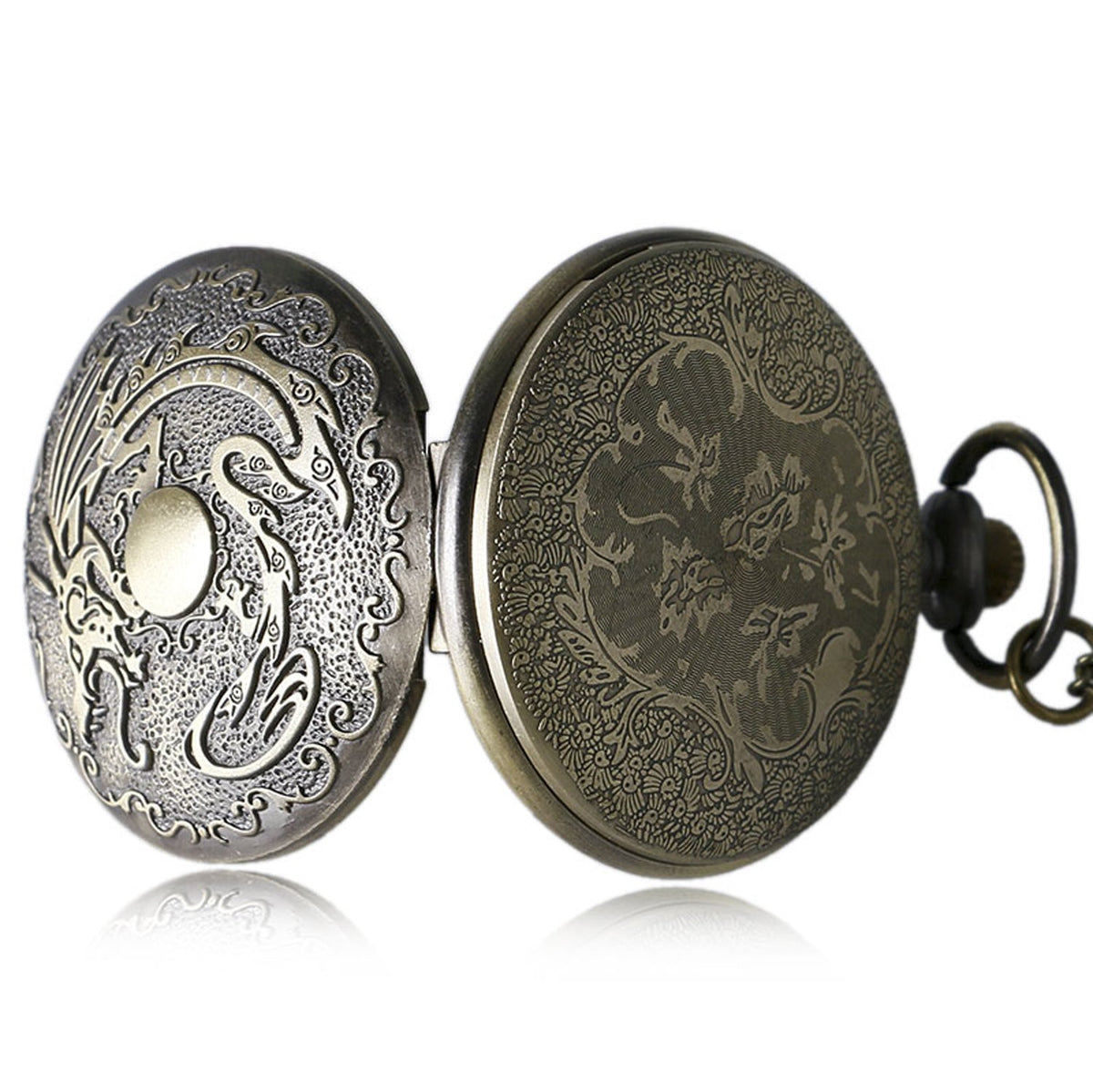 Chinese Dragon Themed Bronze Effect Unisex Quartz Pocket Watch Necklace - On 32" Inch / 80 