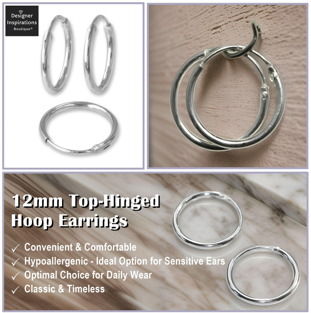 12MM Sterling Silver Fine Circle Round Endless Top-Hinged Hoops - Polished Round Hoop Sleeper Earrings for Women/Teenagers/Girls - 925 Sterling Silver