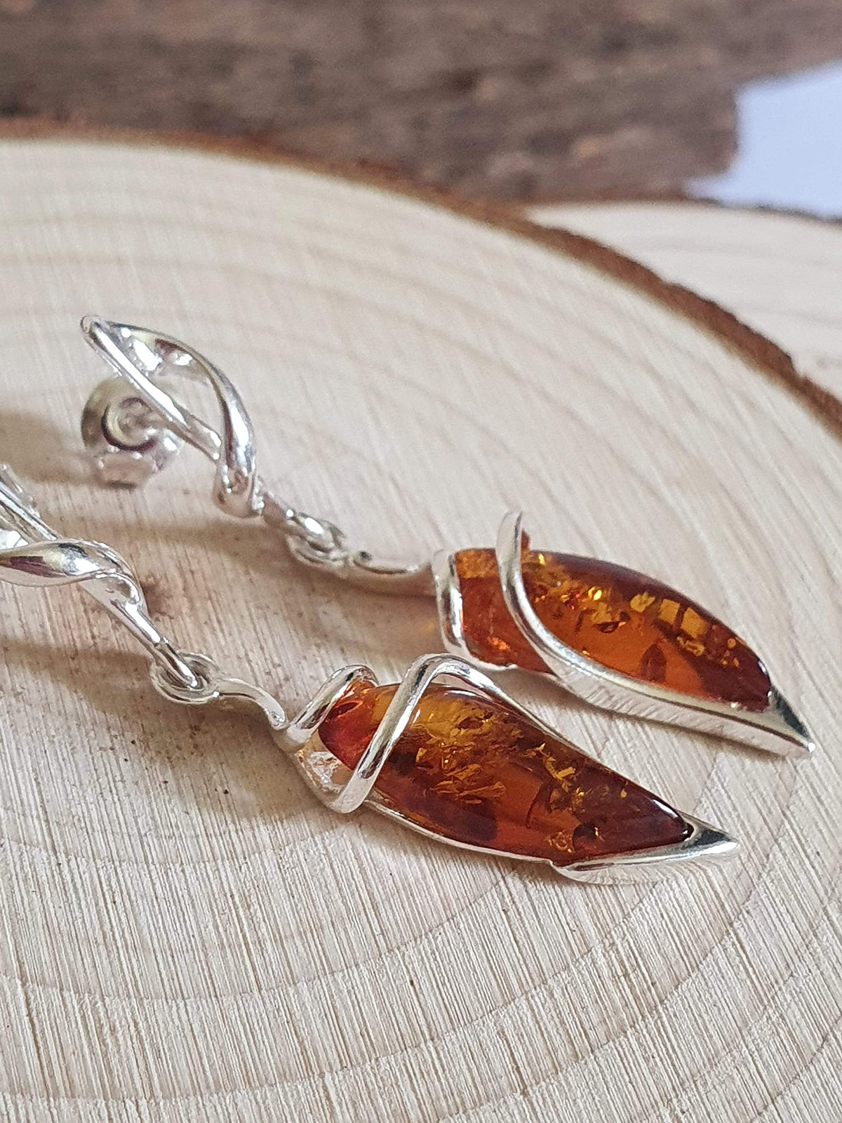 Sterling Silver Fancy Baltic Honey Dangly/Dangle Drop Amber Earrings for Women/Ladies/Girls - 925 Sterling Silver - Unusual Marquise-Shaped Cognac Amber Jewellery 070435
