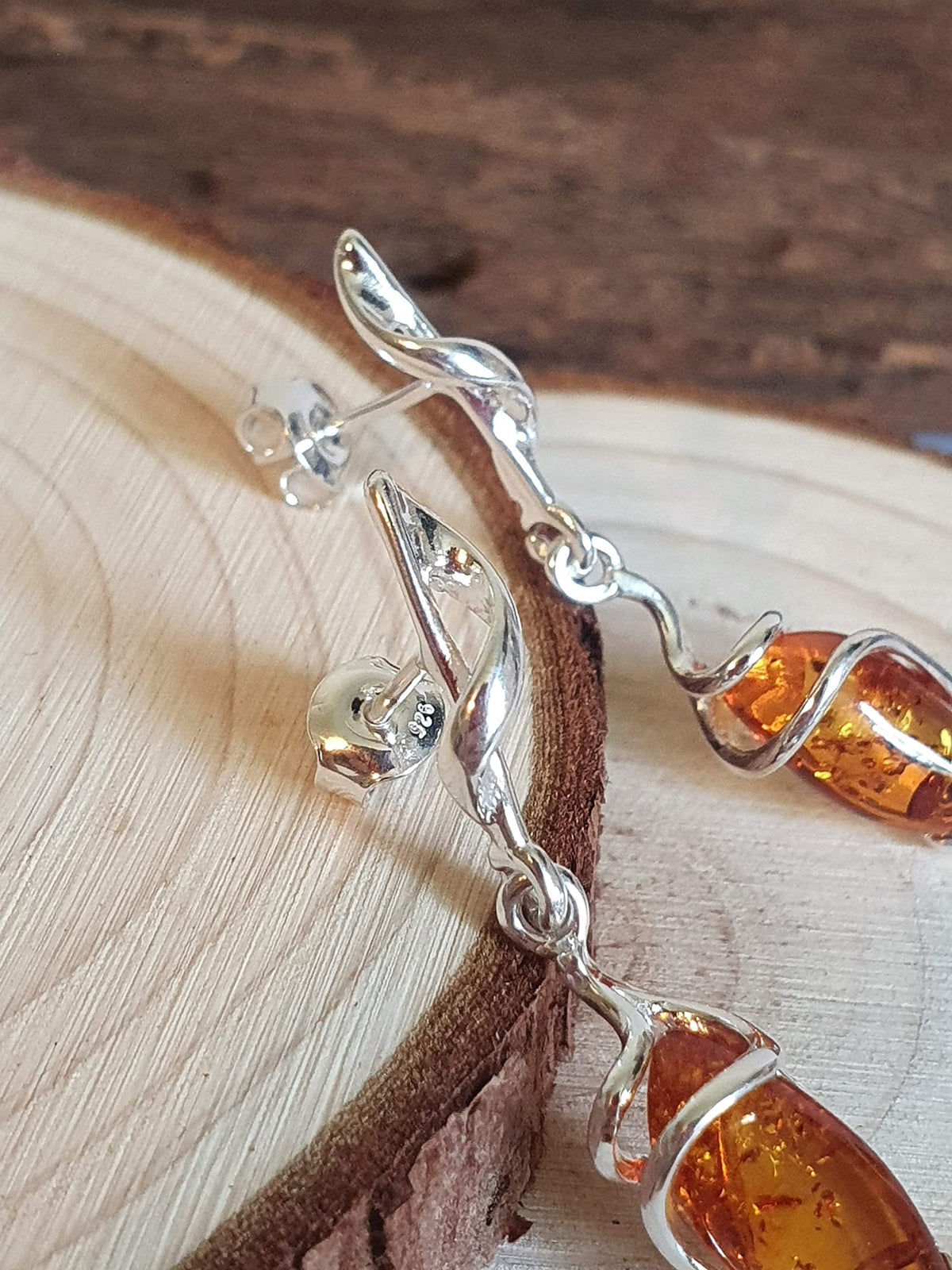 Sterling Silver Fancy Baltic Honey Dangly/Dangle Drop Amber Earrings for Women/Ladies/Girls - 925 Sterling Silver - Unusual Marquise-Shaped Cognac Amber Jewellery 070435