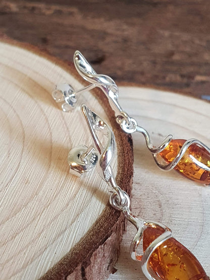 Sterling Silver Fancy Baltic Honey Dangly/Dangle Drop Amber Earrings for Women/Ladies/Girls - 925 Sterling Silver - Unusual Marquise-Shaped Cognac Amber Jewellery 070435