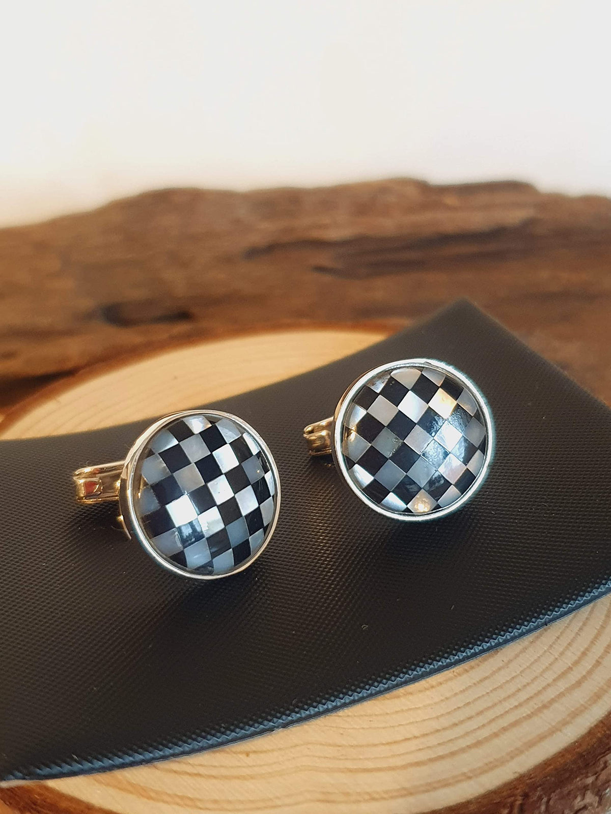 Onyx & Mother of Pearl Round Cufflinks - 925 Sterling Silver - Solid Silver