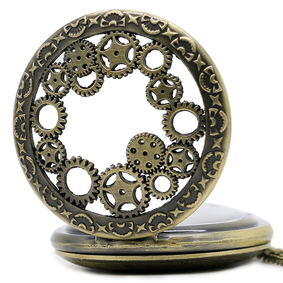 Steampunk Style 3D Gears Design/Motif Quartz Pocket Watch Necklace - On 32" Inch / 80cm Ch 
