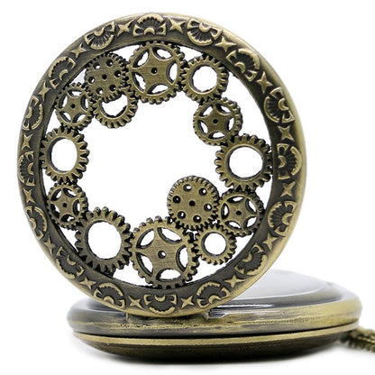 Steampunk Style 3D Gears Design/Motif Quartz Pocket Watch Necklace - On 32" Inch / 80cm Ch 