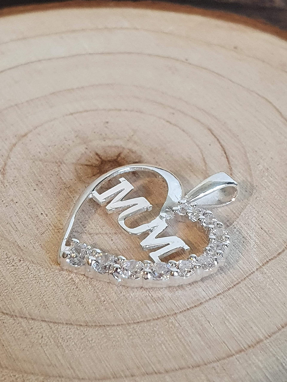 CZ "MUM" Heart Pendant with Cubic Zirconia for Necklace Chain - 925 Sterling Silver Mother 