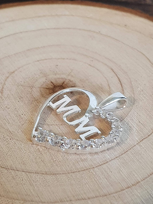 CZ "MUM" Heart Pendant with Cubic Zirconia for Necklace Chain - 925 Sterling Silver Mother ##cz-mum-heart-1