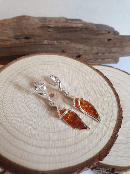 Sterling Silver Fancy Baltic Honey Dangly/Dangle Drop Amber Earrings for Women/Ladies/Girls - 925 Sterling Silver - Unusual Marquise-Shaped Cognac Amber Jewellery 070435