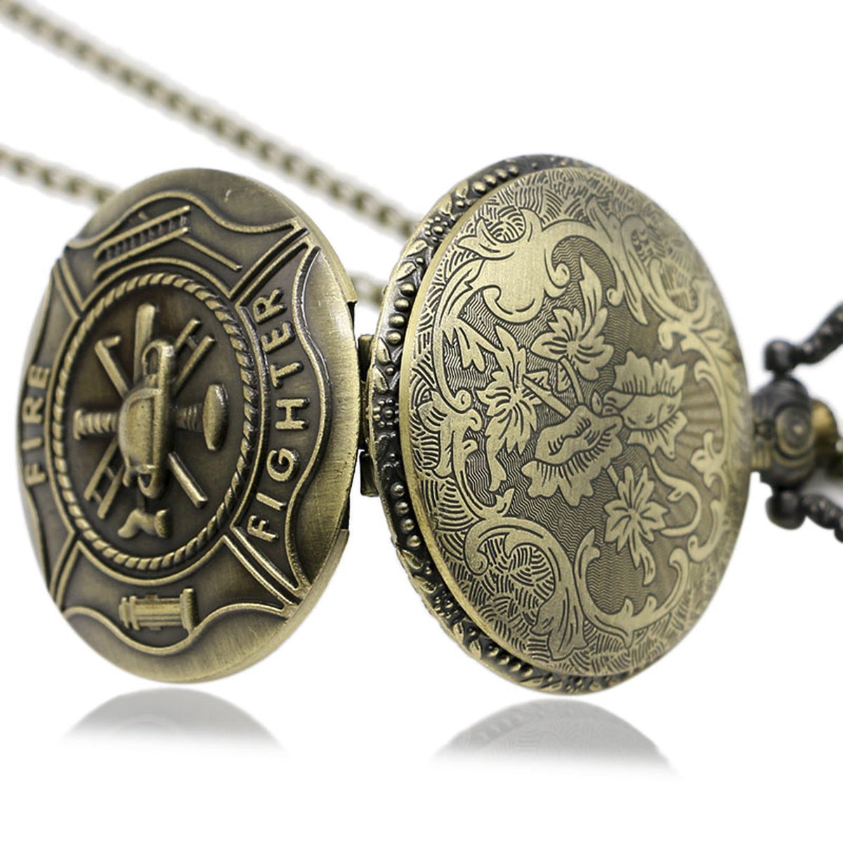 Fireman/Firefighter 3D Brushed Bronze Effect Antiqued/Vintage Case Men's Quartz Pocket Watch Necklace - On 32" Inch / 80cm Chain