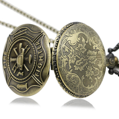 Fireman/Firefighter 3D Brushed Bronze Effect Antiqued/Vintage Case Men's Quartz Pocket Watch Necklace - On 32" Inch / 80cm Chain