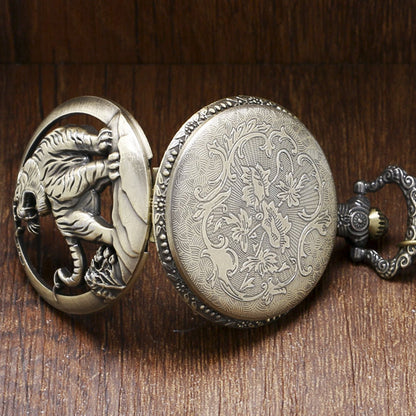 Tiger CAT 3D Half Hunter Brushed Bronze Effect Antiqued/Vintage Case Men's Quartz Pocket Watch Necklace - On 32" Inch / 80cm Chain