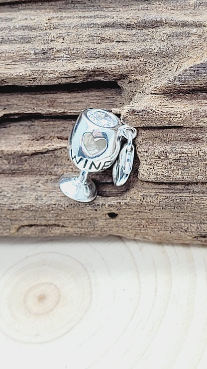 SPARKLY WINE/COCKTAIL GLASS CZ Set Sterling Silver Clip-On Clasp Charm for Women Ladies Gi 