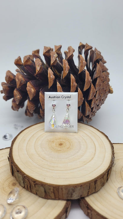 24MM WOMENS Sparkly Rainbow AURORA AB Pear/Teardrop Cut Austrian Crystal Dangly/Dangle Drop Fishhook Earrings - 925 Sterling Silver