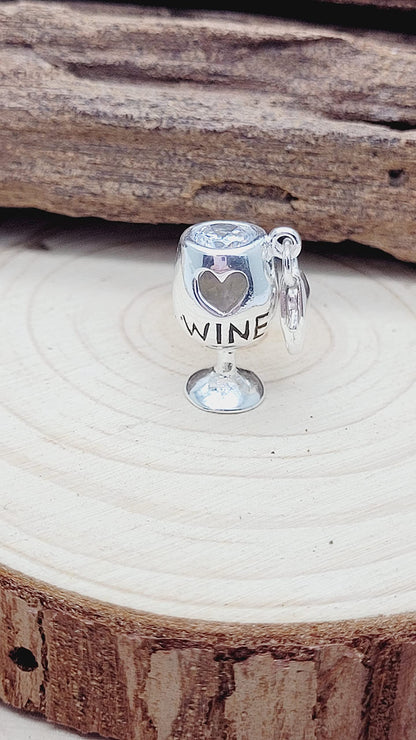 SPARKLY WINE/COCKTAIL GLASS CZ Set Sterling Silver Clip-On Clasp Charm for Women Ladies Gi 