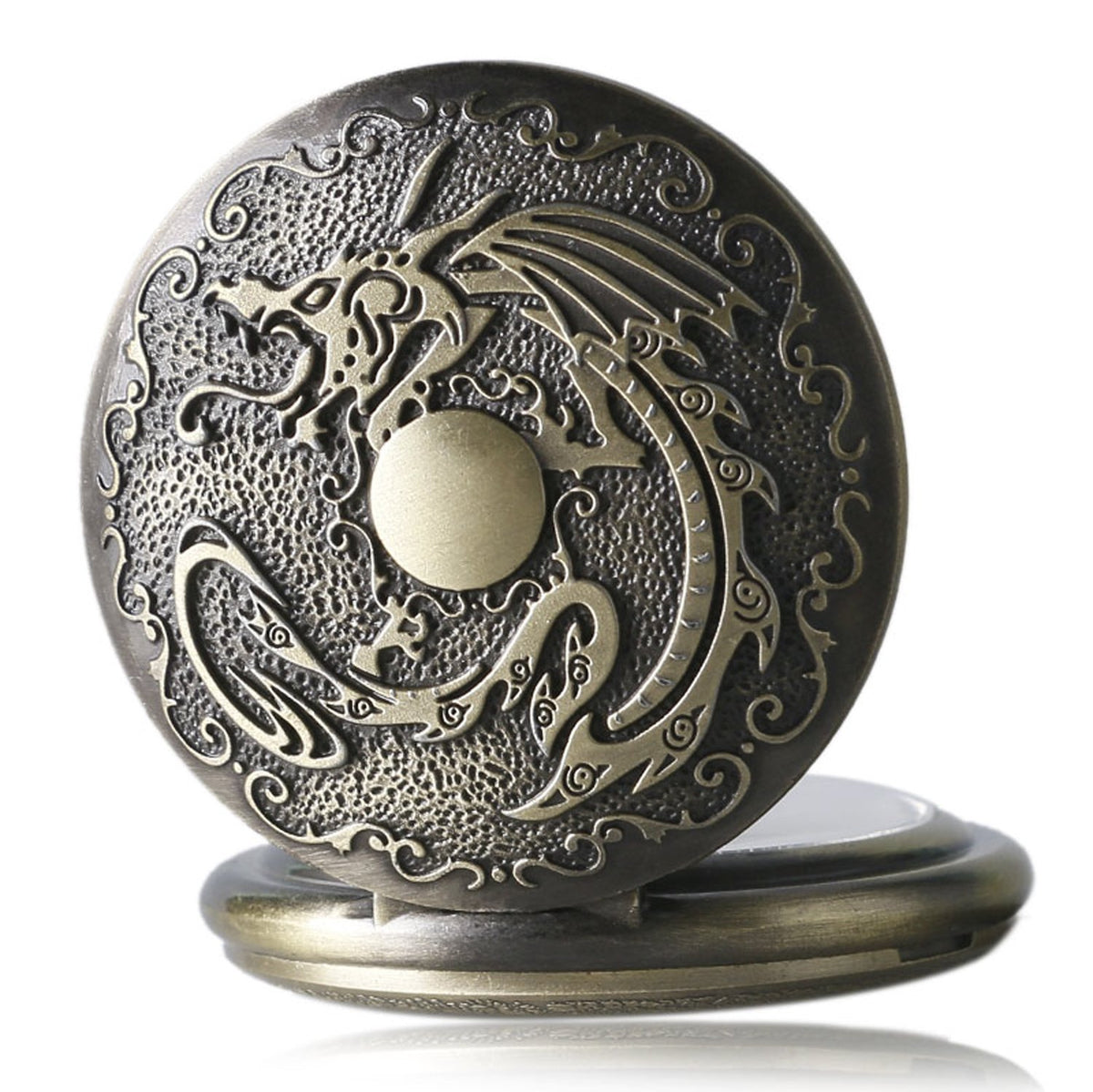 Chinese Dragon Themed Bronze Effect Unisex Quartz Pocket Watch Necklace - On 32" Inch / 80 