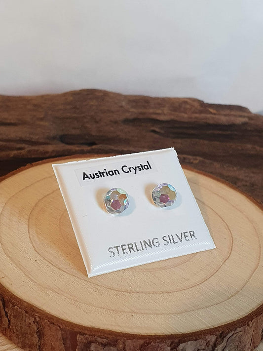 6MM Sparkly Clear Rainbow AURORA AB Diamond Cut Round Austrian Crystal Ball Stud Earrings/Ear Studs for Women/Teenage/Girls - 925 Sterling Silver