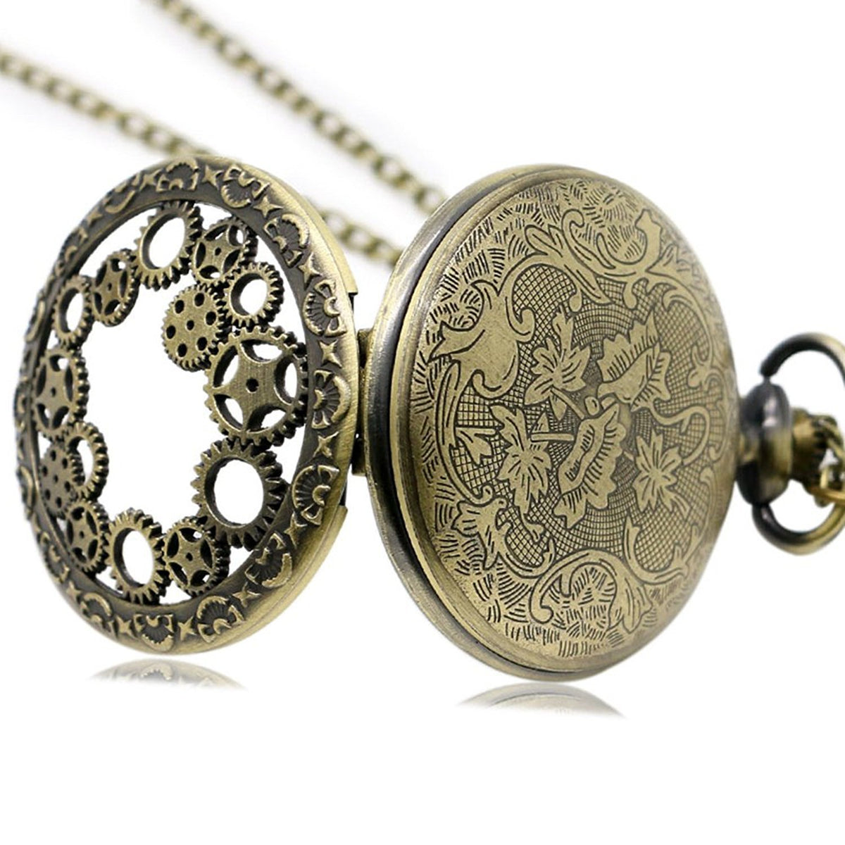 Steampunk Style 3D Gears Design/Motif Quartz Pocket Watch Necklace - On 32" Inch / 80cm Ch 
