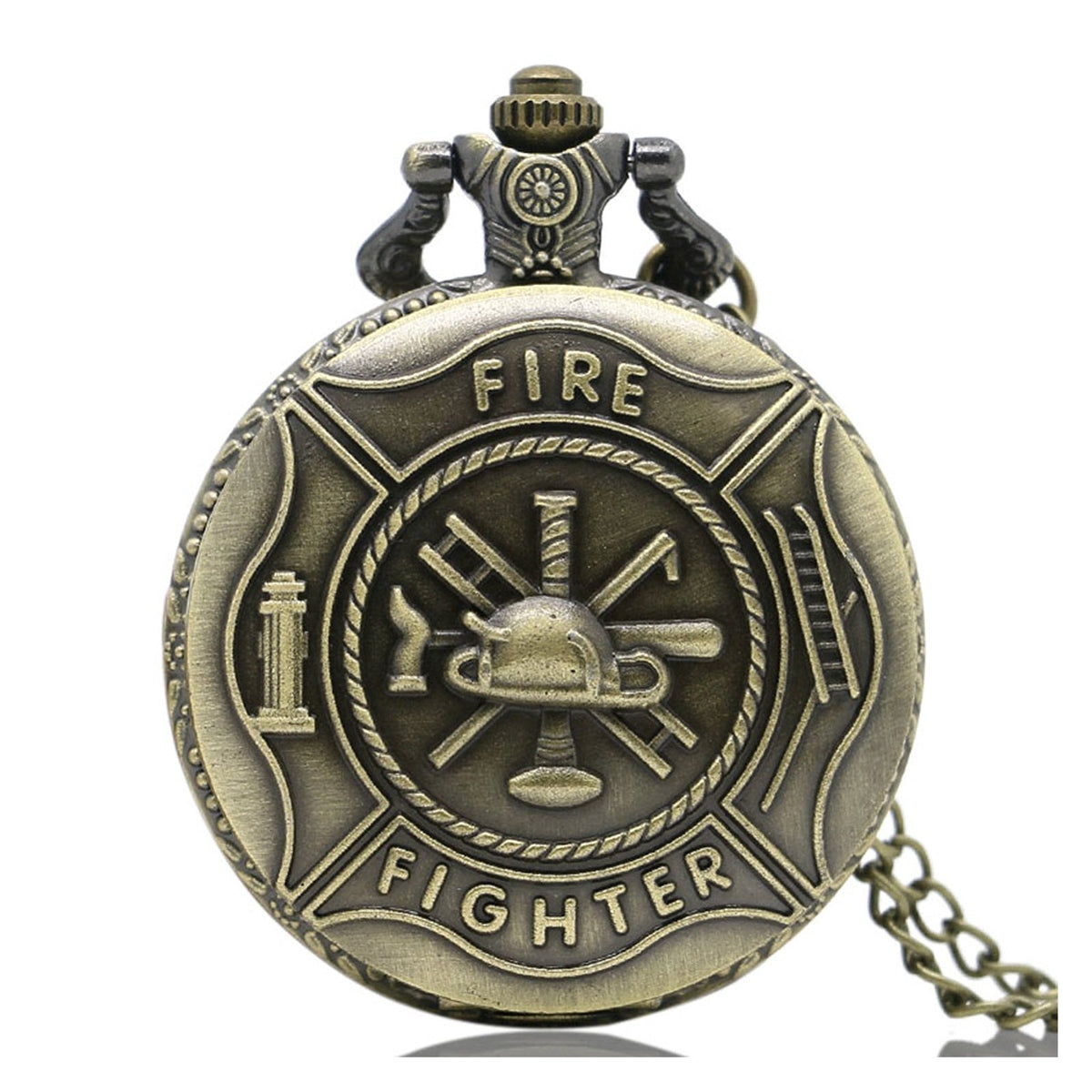 Fireman/Firefighter 3D Brushed Bronze Effect Antiqued/Vintage Case Men's Quartz Pocket Watch Necklace - On 32" Inch / 80cm Chain