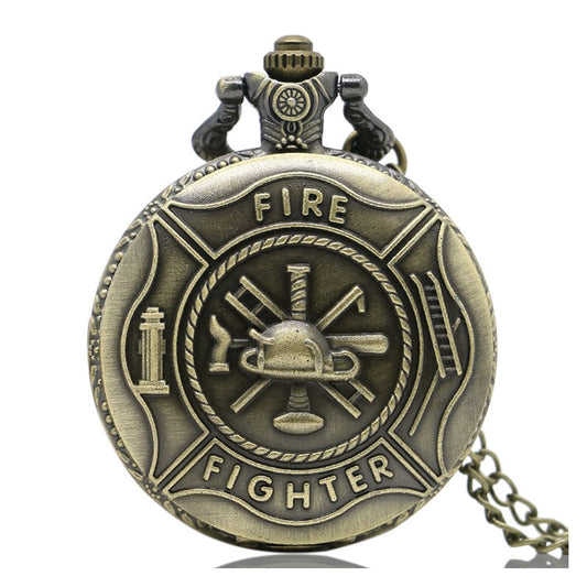 Fireman/Firefighter 3D Brushed Bronze Effect Antiqued/Vintage Case Men's Quartz Pocket Watch Necklace - On 32" Inch / 80cm Chain