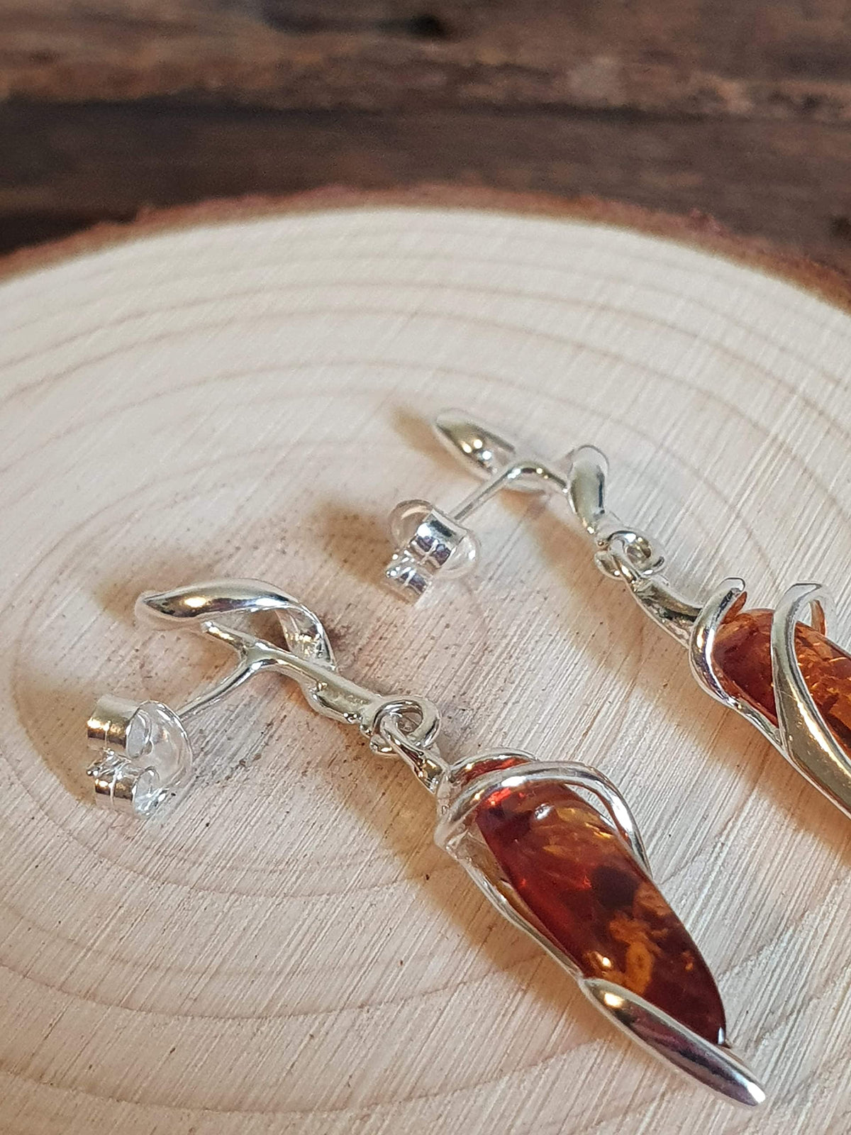 Sterling Silver Fancy Baltic Honey Dangly/Dangle Drop Amber Earrings for Women/Ladies/Girls - 925 Sterling Silver - Unusual Marquise-Shaped Cognac Amber Jewellery 070435