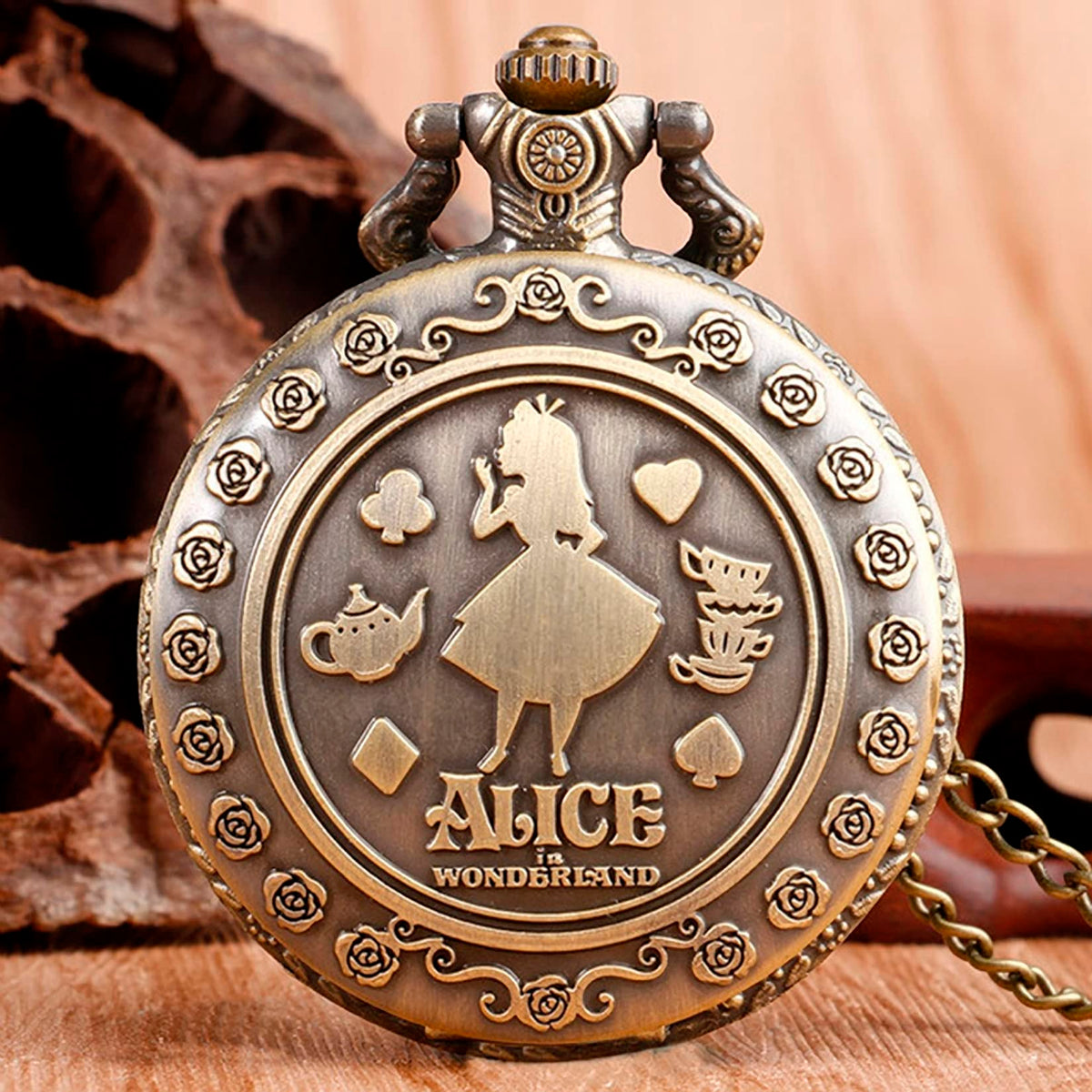 Alice in Wonderland Themed 3D Bronze Effect Women's Quartz Pocket Watch Necklace for Women 