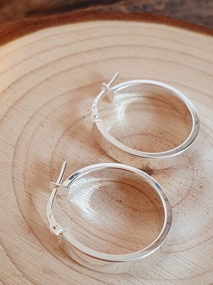 18MM Round Plain Flat-Edged Creole Hoop Earrings - 3MM Thick - 925 Sterling Silver