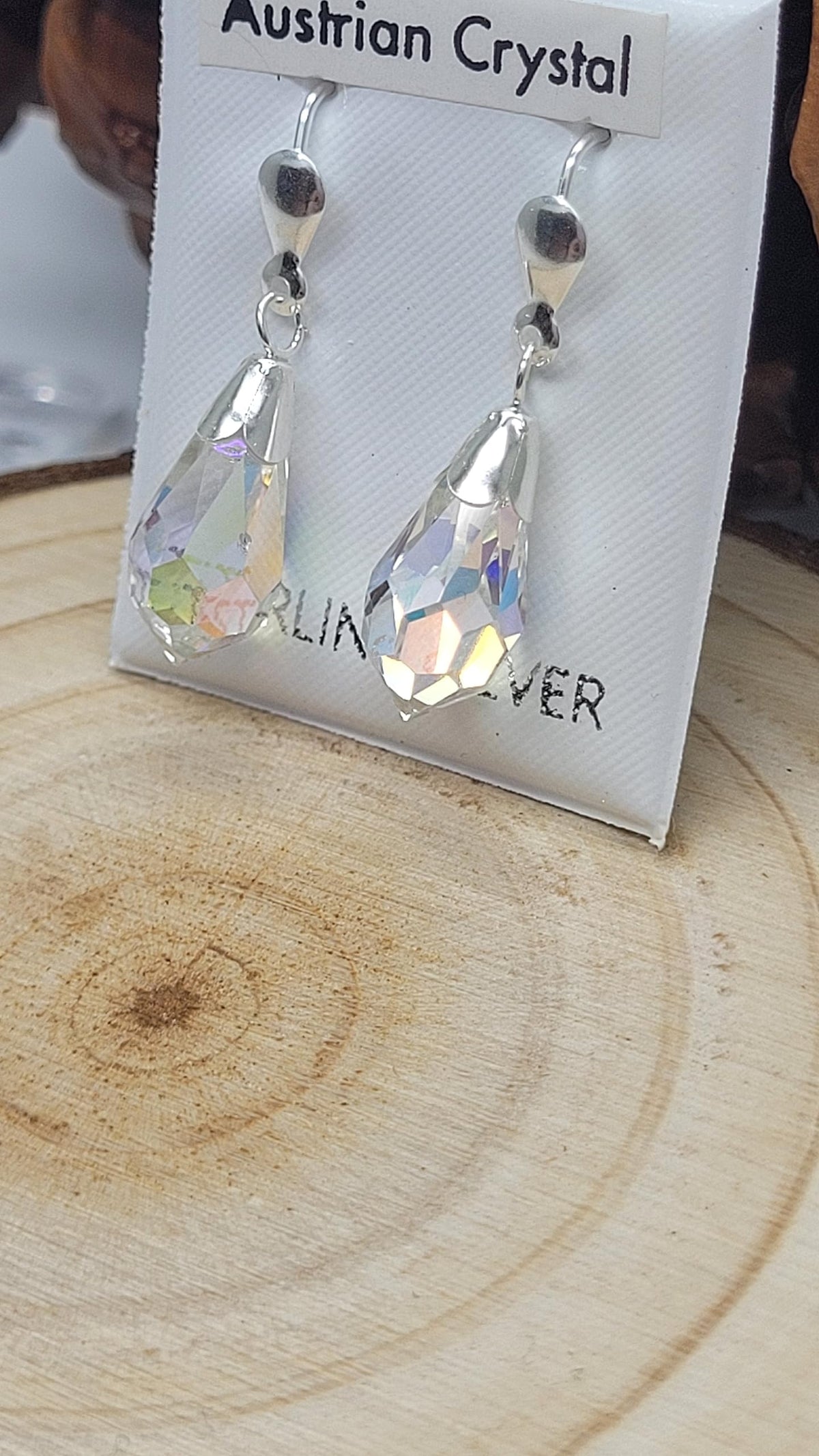 24MM WOMENS Sparkly Rainbow AURORA AB Pear/Teardrop Cut Austrian Crystal Dangly/Dangle Drop Fishhook Earrings - 925 Sterling Silver