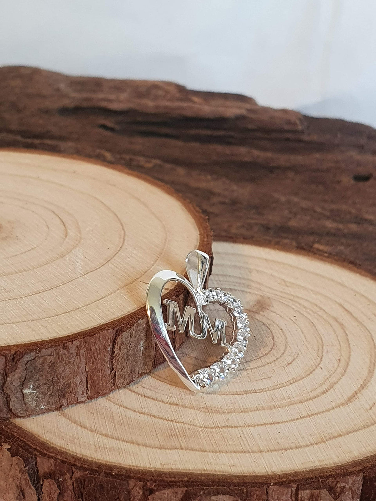 CZ "MUM" Heart Pendant with Cubic Zirconia for Necklace Chain - 925 Sterling Silver Mother 