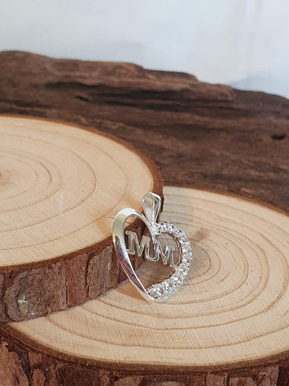 CZ "MUM" Heart Pendant with Cubic Zirconia for Necklace Chain - 925 Sterling Silver Mother 