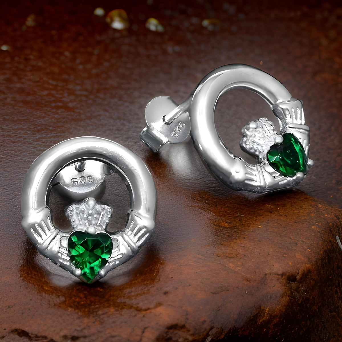 Elegant Claddagh Earrings for Women & Girls, Irish Celtic 925 Sterling Silver Studs with Stunning Emerald Green Cubic Zirconia Stones, Classic Creole Earrings - Symbolic Irish Jewellery