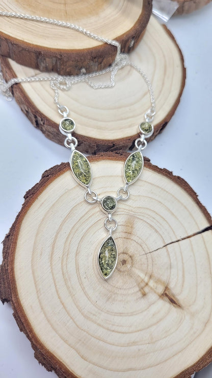 Amber Sterling Silver Necklace - Unusual Chain & Beads Amber Necklace - Amber Jewellery 030196