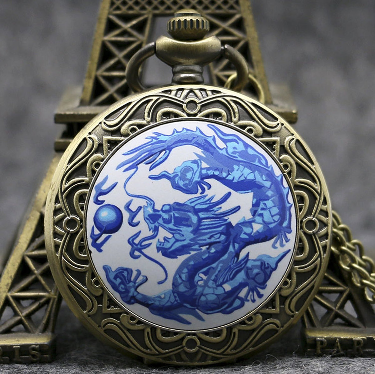 Blue Chinese Dragon with Ornate Border Bronze Effect Antiqued/Vintage Case Men's Quartz Pocket Watch Necklace - On 32" Inch / 80cm Chain