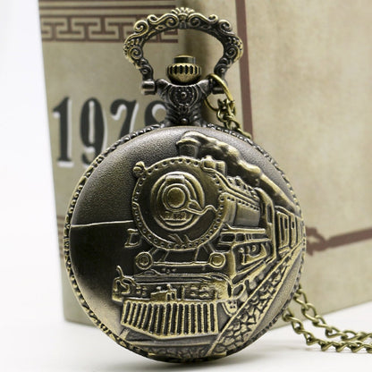 STEAM Train/Locomotive Engine Themed 3D Bronze Effect Men's Quartz Pocket Watch Necklace - 