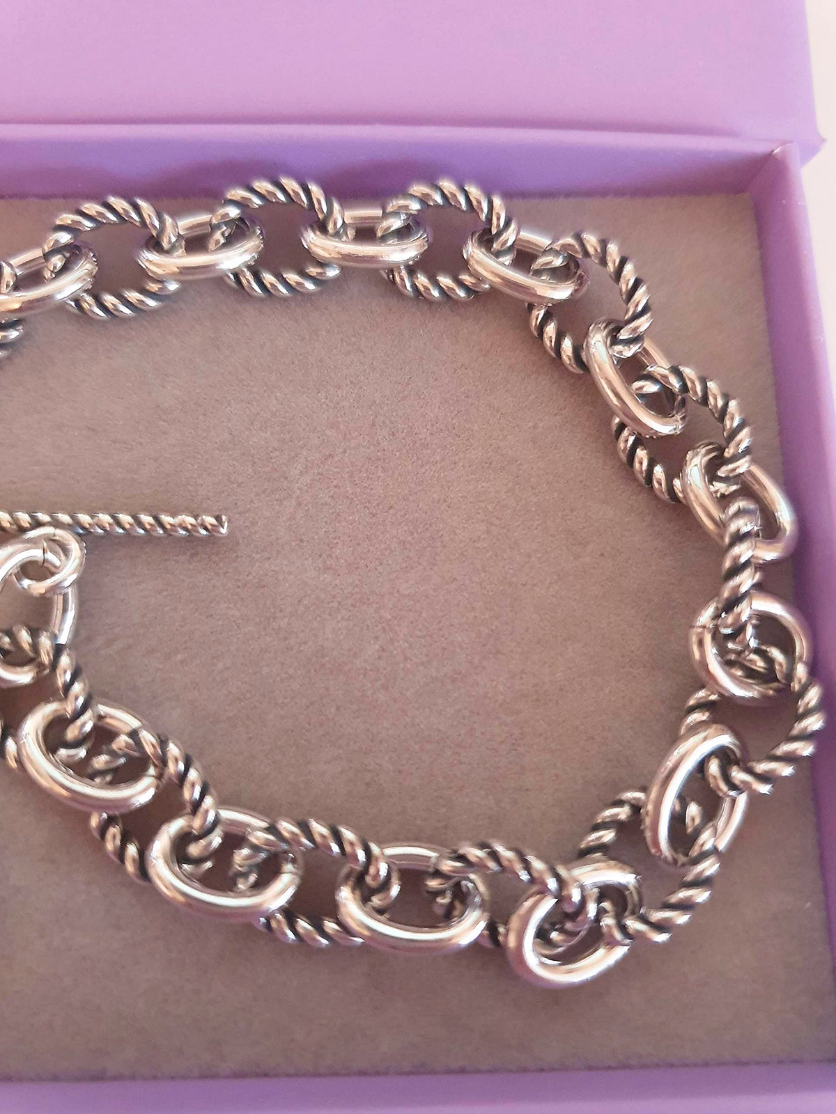 Alternating Twist (Small) Link & Oval Cable Link Bracelet With Silver Charm Tag & Toggle Clasp - 925 Sterling Silver