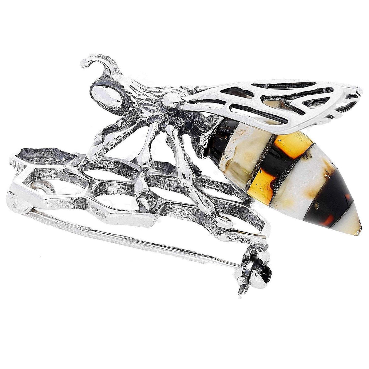 Insect/Nature Themed Amber Sterling Silver Brooch Pin/Clip in Vintage Style for Women Teen 
