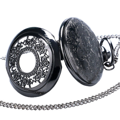 Filigree Pattern Half Hunter Women's Quartz Pocket Watch Necklace - On 32" Inch / 80cm 