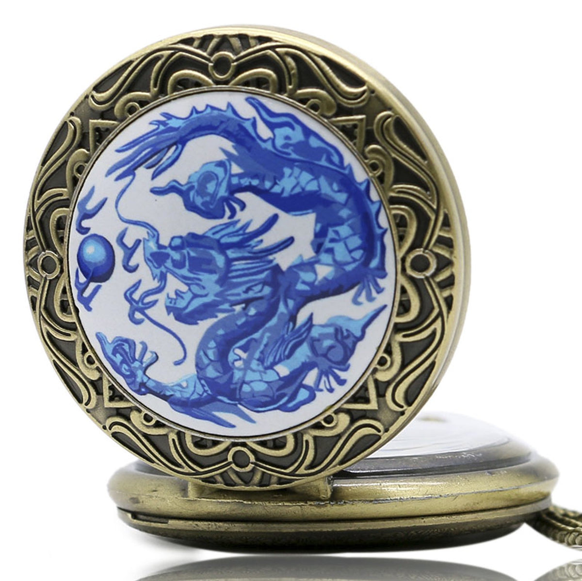 Blue Chinese Dragon with Ornate Border Bronze Effect Antiqued/Vintage Case Men's Quartz Pocket Watch Necklace - On 32" Inch / 80cm Chain