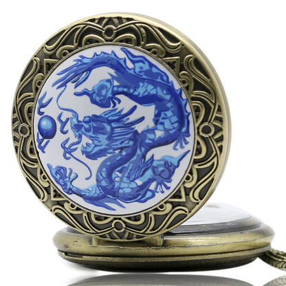Blue Chinese Dragon with Ornate Border Bronze Effect Antiqued/Vintage Case Men's Quartz Pocket Watch Necklace - On 32" Inch / 80cm Chain