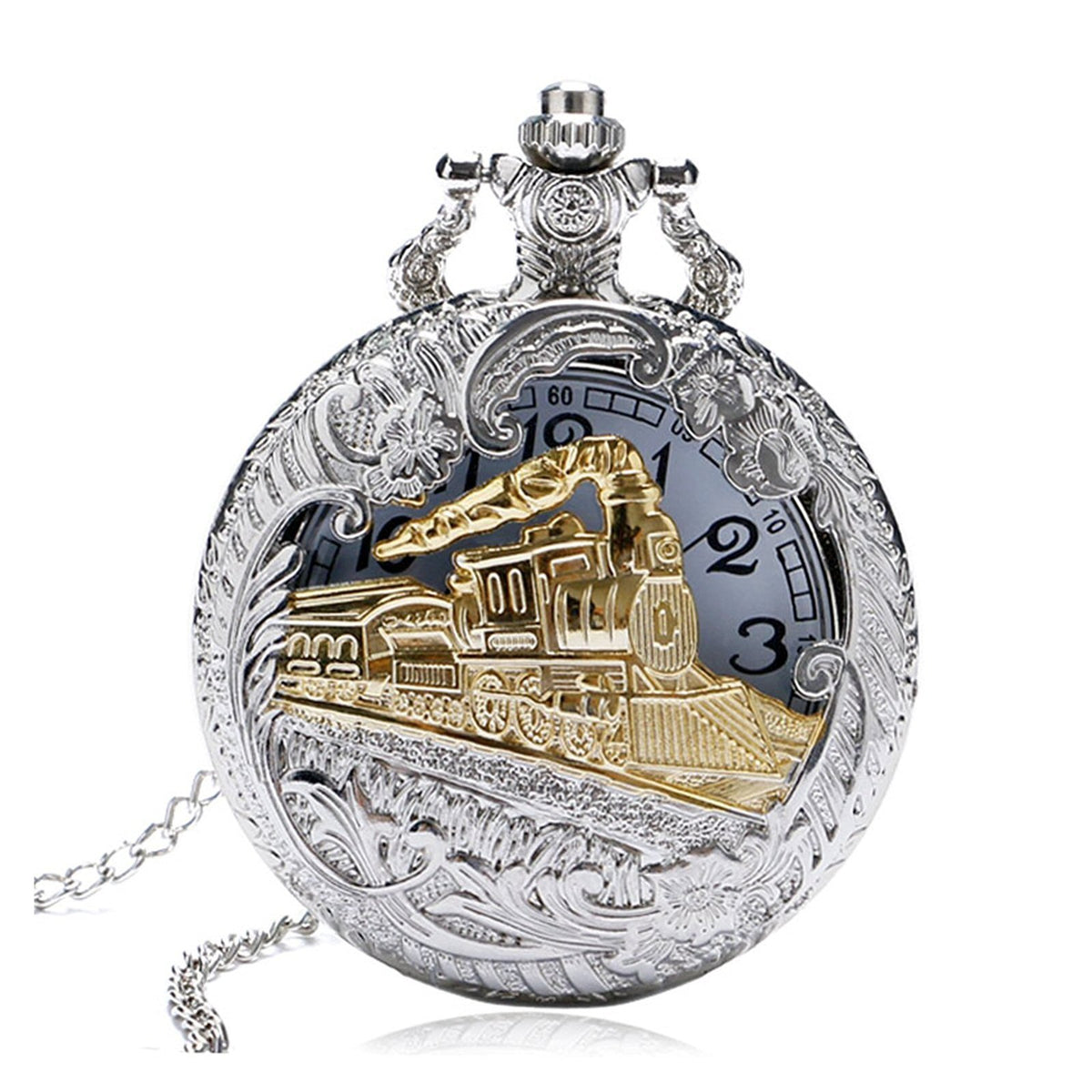 Gold Tone STEAM Train/Locomotive Engine with Ornate Border3D Polished Silver Finish Antiqued/Vintage Case Men's Quartz Pocket Watch Necklace - On 32" Inch / 80cm Chain