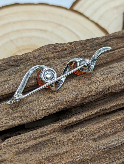 Contemporary/Victorian Ornate Style Amber Brooch Pin/Clip for Women Ladies - 925 Sterling 