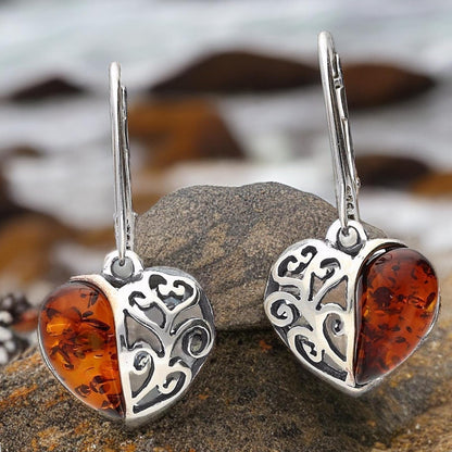 Filigree Heart Baltic Orange Amber Lever Back 925 Sterling Silver Earrings for Women/Ladies/Girls - Fancy Heart Amber Dangly/Dangle Drop Earrings - Amber Jewellery for Women. 070125C