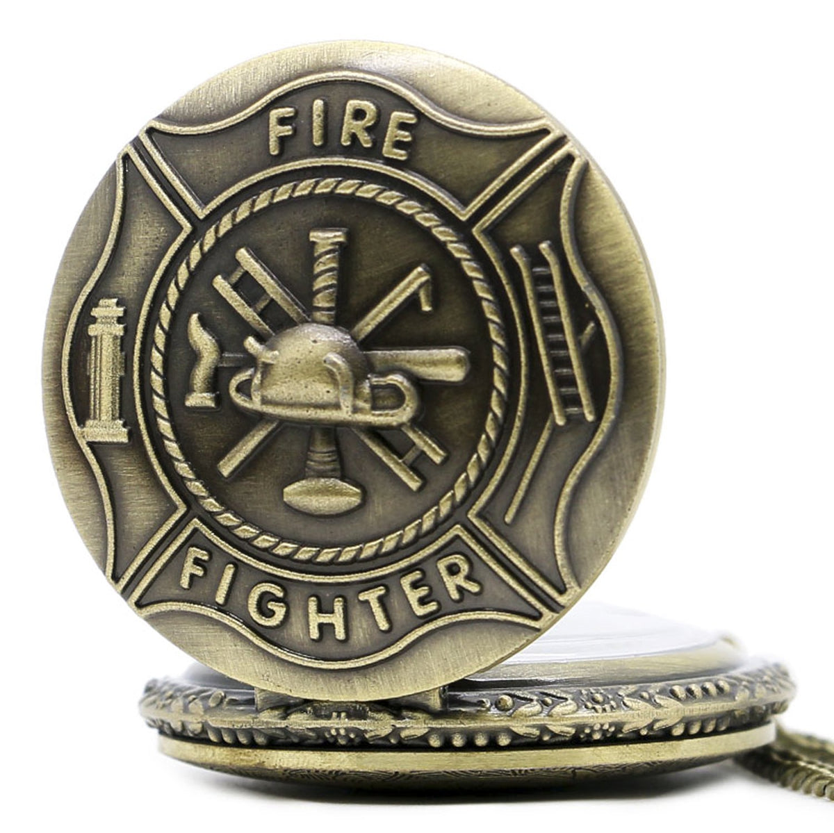 Fireman/Firefighter 3D Brushed Bronze Effect Antiqued/Vintage Case Men's Quartz Pocket Watch Necklace - On 32" Inch / 80cm Chain