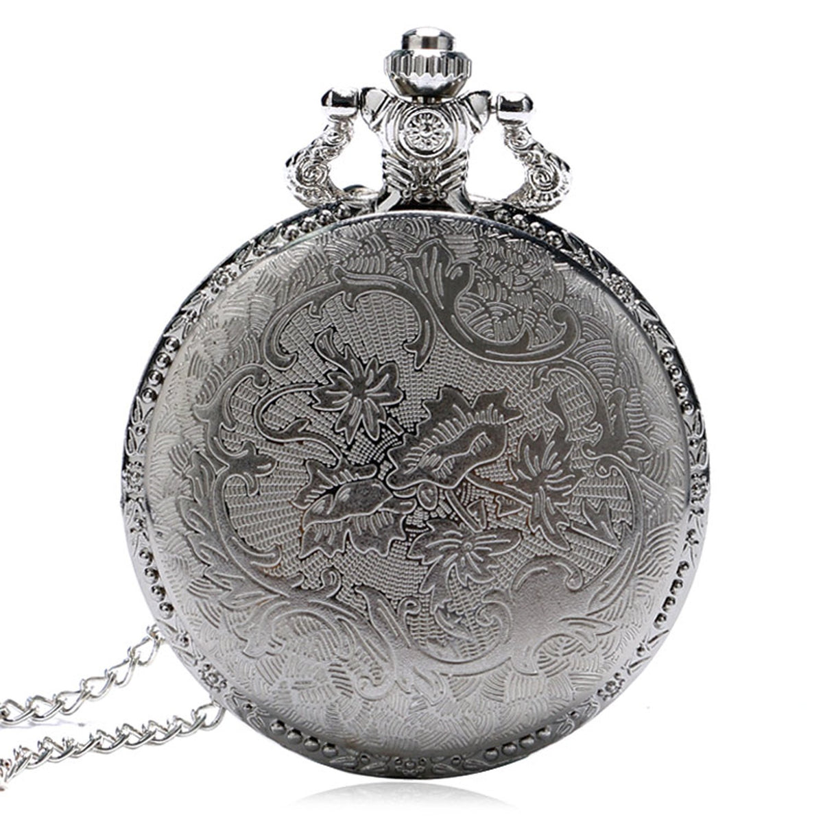 Gold Tone STEAM Train/Locomotive Engine with Ornate Border3D Polished Silver Finish Antiqued/Vintage Case Men's Quartz Pocket Watch Necklace - On 32" Inch / 80cm Chain