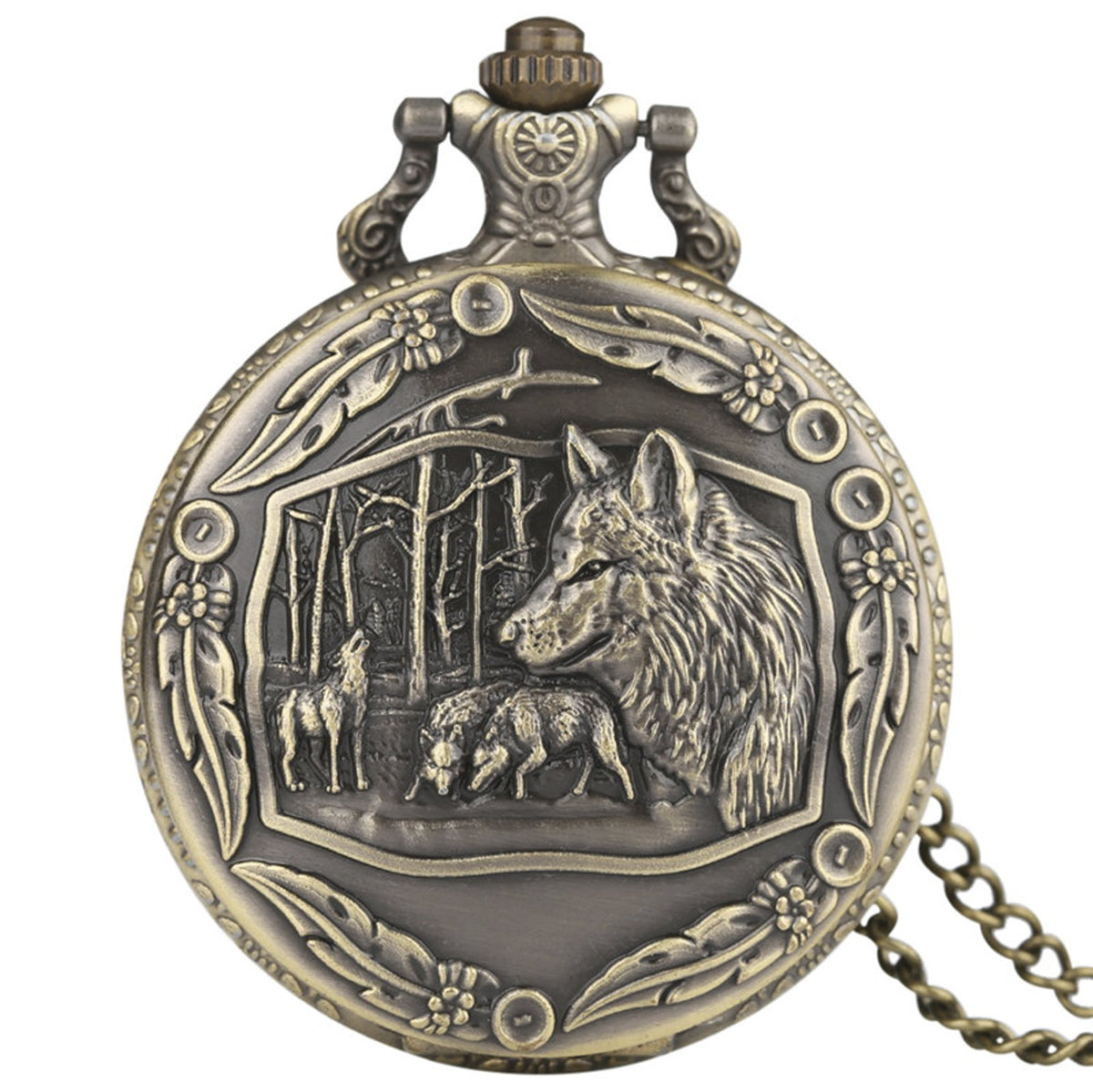 Dogs/Wolf/Wolves with Ornate Border 3D Bronze Effect Antiqued/Vintage Case Men's Quartz Pocket Watch Necklace - On 32" Inch / 80cm Chain