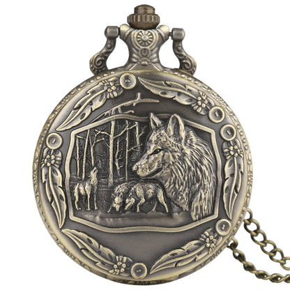 Dogs/Wolf/Wolves with Ornate Border 3D Bronze Effect Antiqued/Vintage Case Men's Quartz Pocket Watch Necklace - On 32" Inch / 80cm Chain